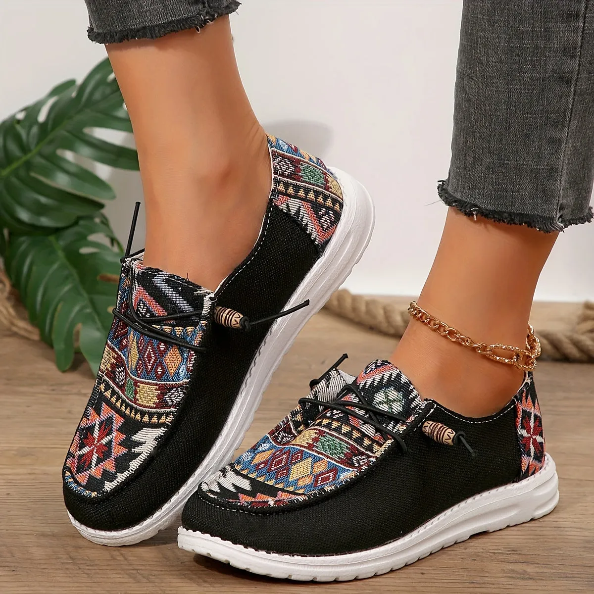 Dames zomer loafer-licht etno-stijl slip-on schoenen gemaakt van canvas