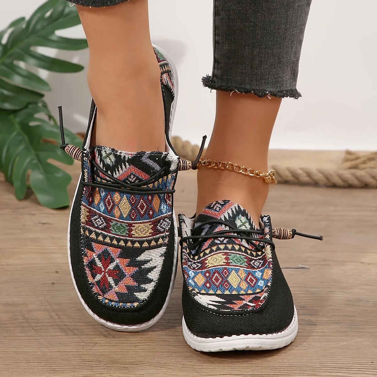Dames zomer loafer-licht etno-stijl slip-on schoenen gemaakt van canvas