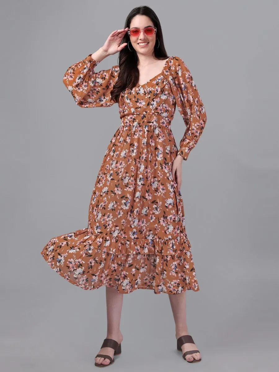 dresses for Women western wear Brown Floral Maxi Dress