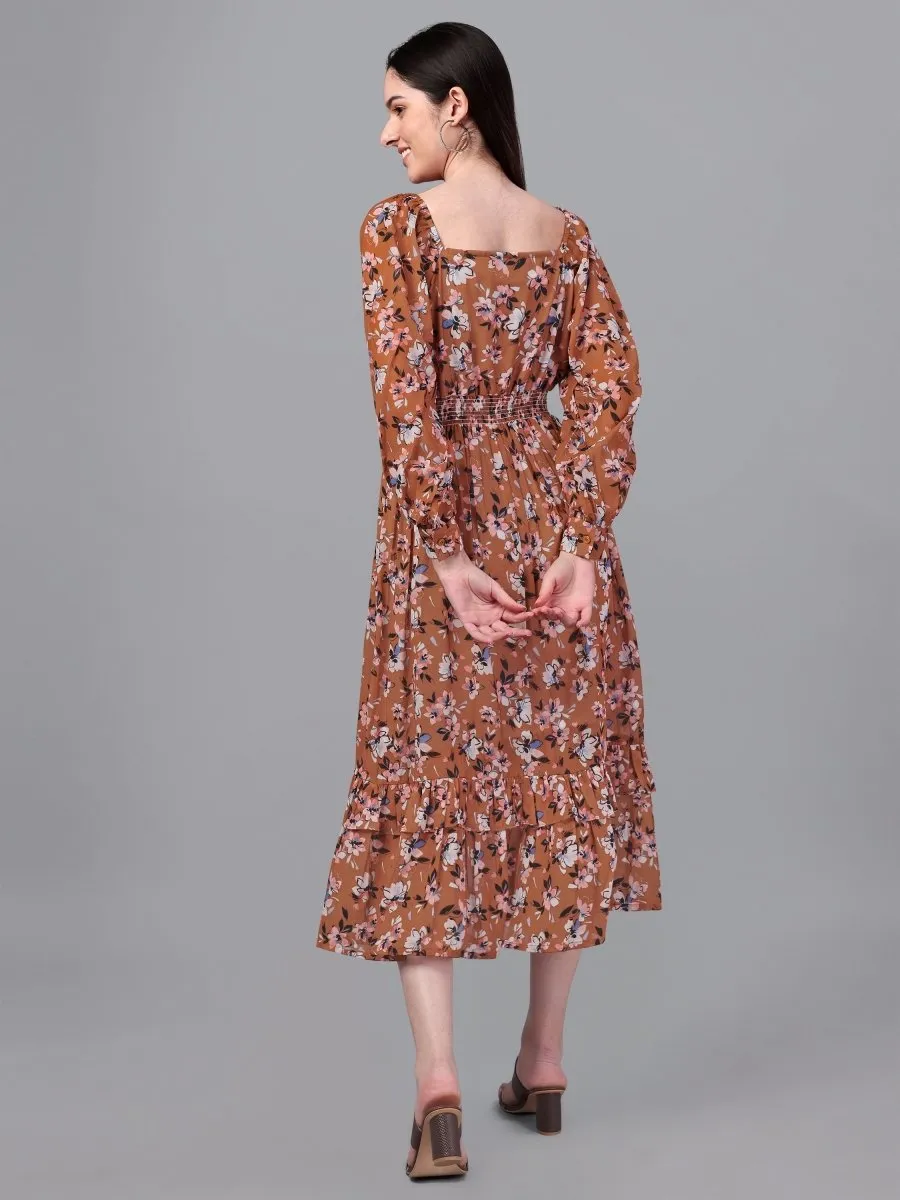 dresses for Women western wear Brown Floral Maxi Dress
