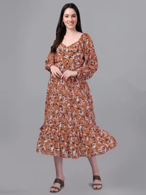 dresses for Women western wear Brown Floral Maxi Dress