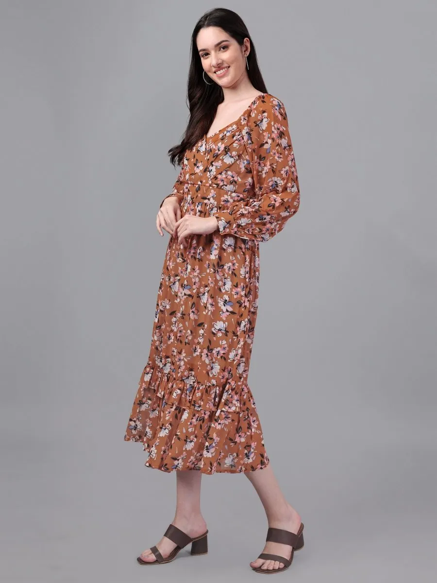 dresses for Women western wear Brown Floral Maxi Dress