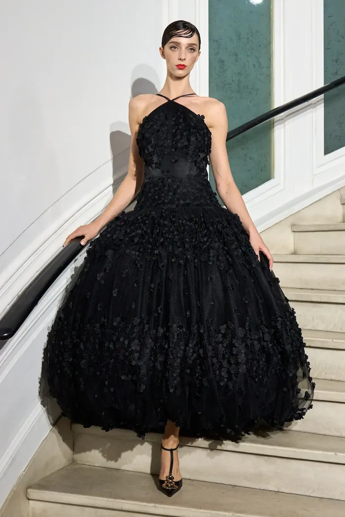 Drop Waist Petal Appliqué Tea Length Halter Dress
