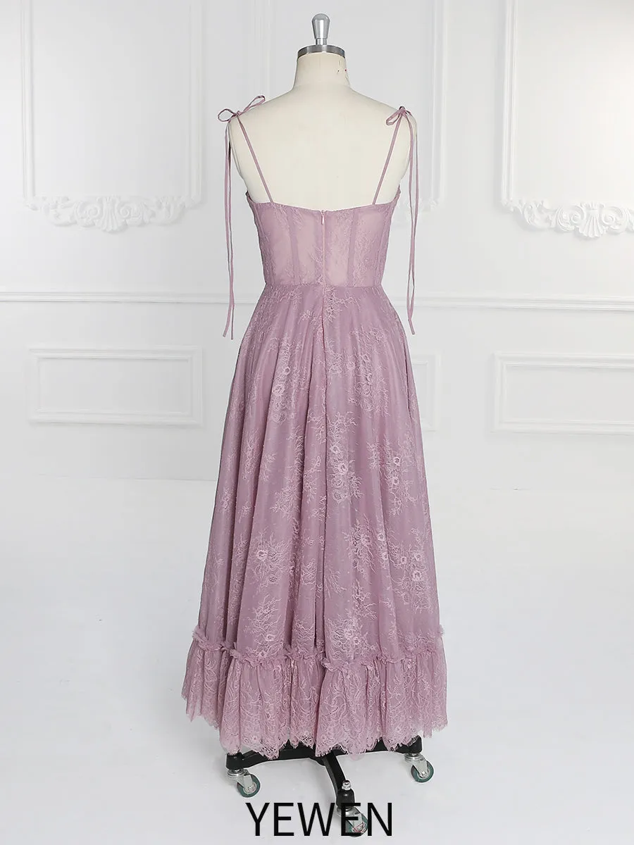 Dusty Pink Lace Prom Dress Homecoming Dress for Girls Tea Length Formal Dresses YW231089