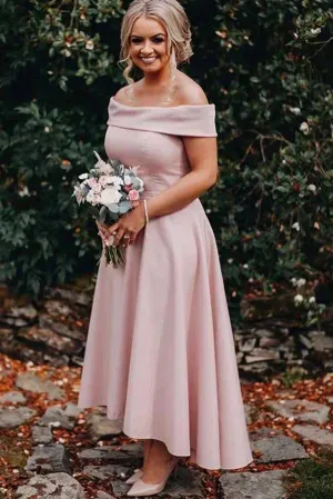 Dusty Pink Satin A-line Off-the-Shoulder Tea Length Bridesmaid Dresses, MBD183
