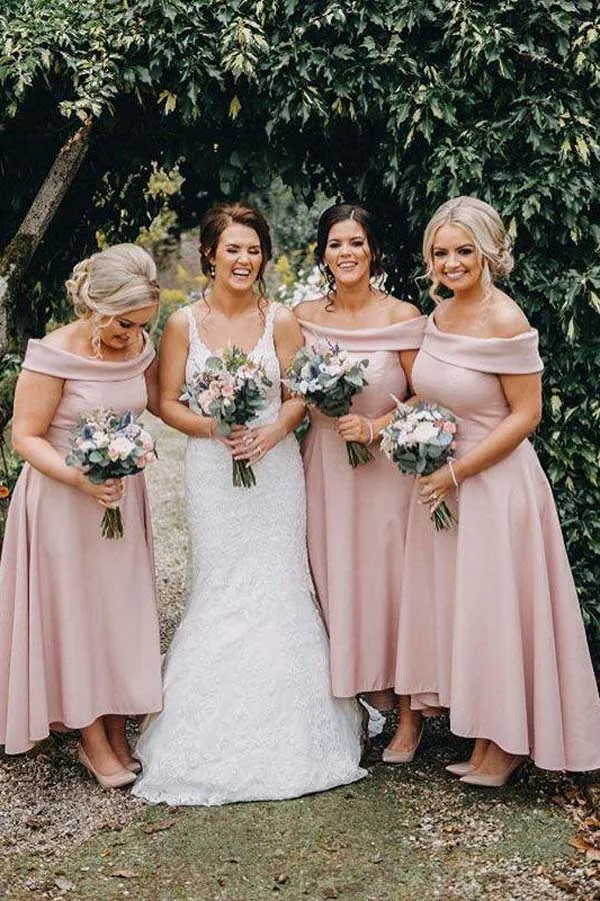 Dusty Pink Satin A-line Off-the-Shoulder Tea Length Bridesmaid Dresses, MBD183