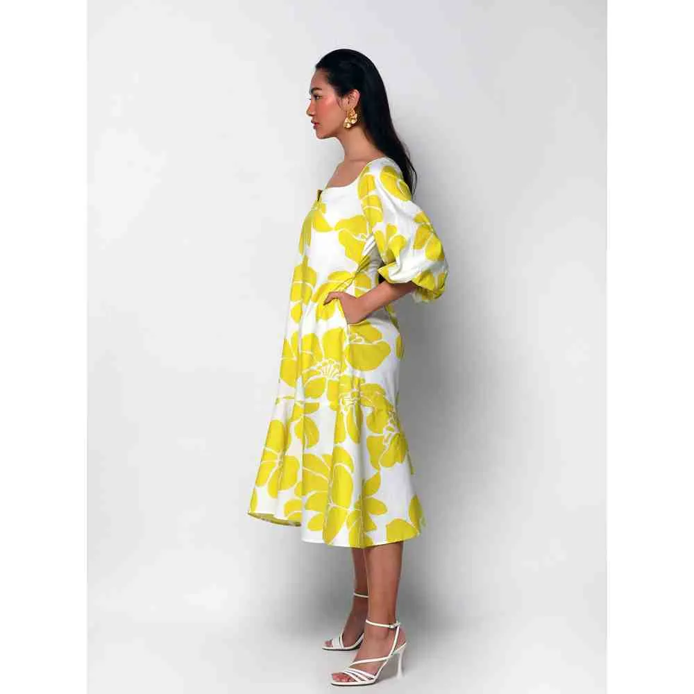Ekastories Yellow Sonder Tea Length Dress