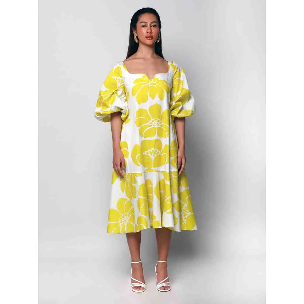 Ekastories Yellow Sonder Tea Length Dress