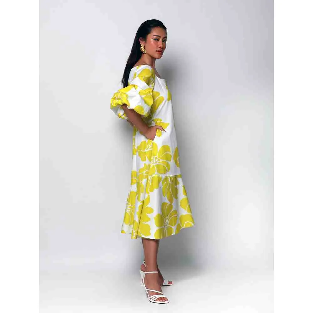 Ekastories Yellow Sonder Tea Length Dress