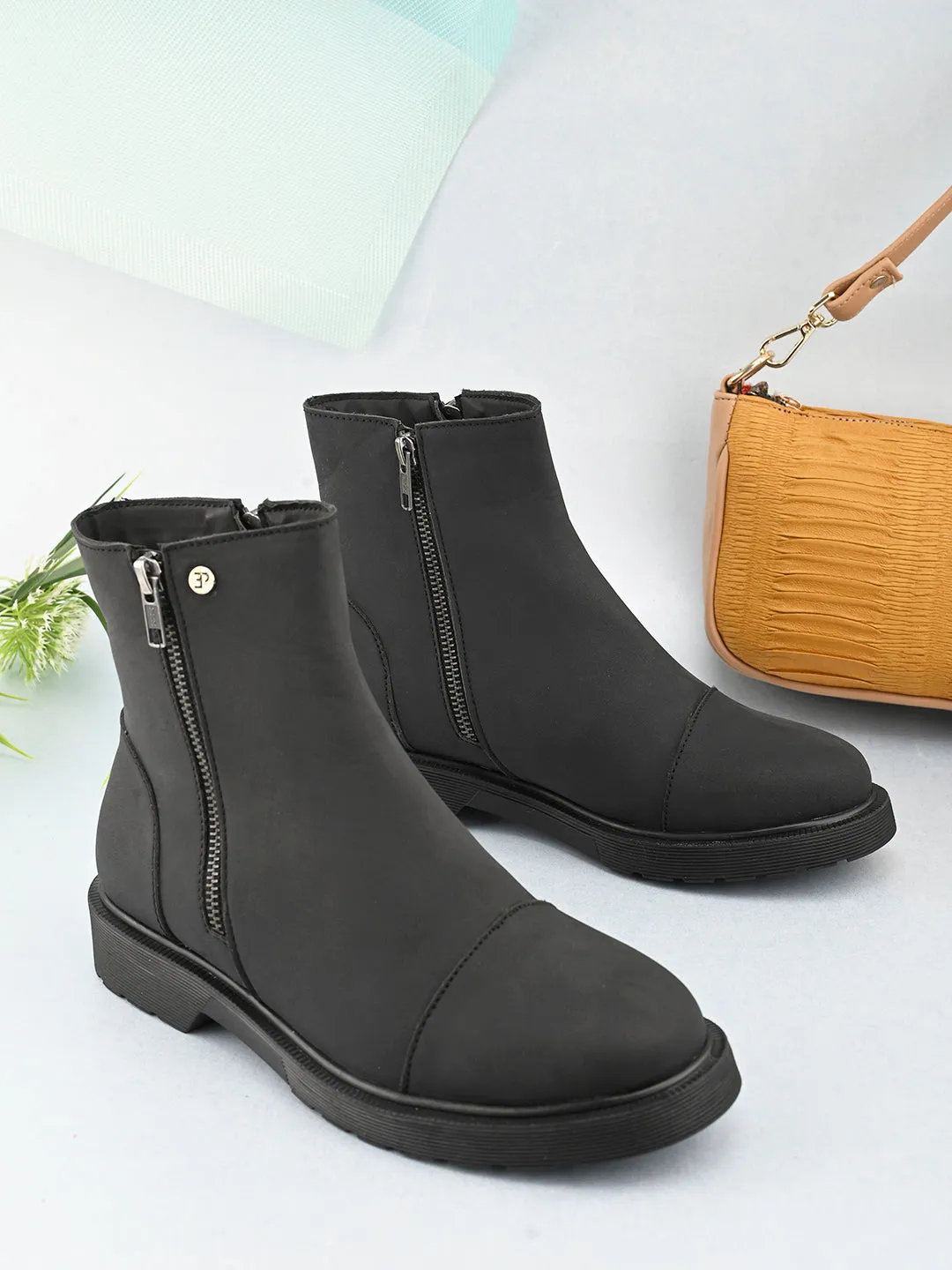 EL PASO Women Black Faux Leather Casual Chelsea Boots