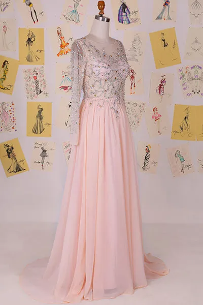 Elegant Bateau Sweep Train Chiffon Blush Long Prom Dress With Long Sleeves LPD072