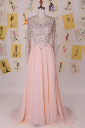 Elegant Bateau Sweep Train Chiffon Blush Long Prom Dress With Long Sleeves LPD072