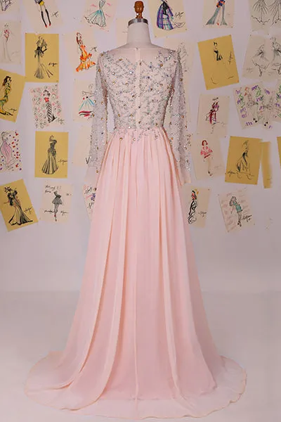 Elegant Bateau Sweep Train Chiffon Blush Long Prom Dress With Long Sleeves LPD072