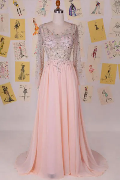 Elegant Bateau Sweep Train Chiffon Blush Long Prom Dress With Long Sleeves LPD072