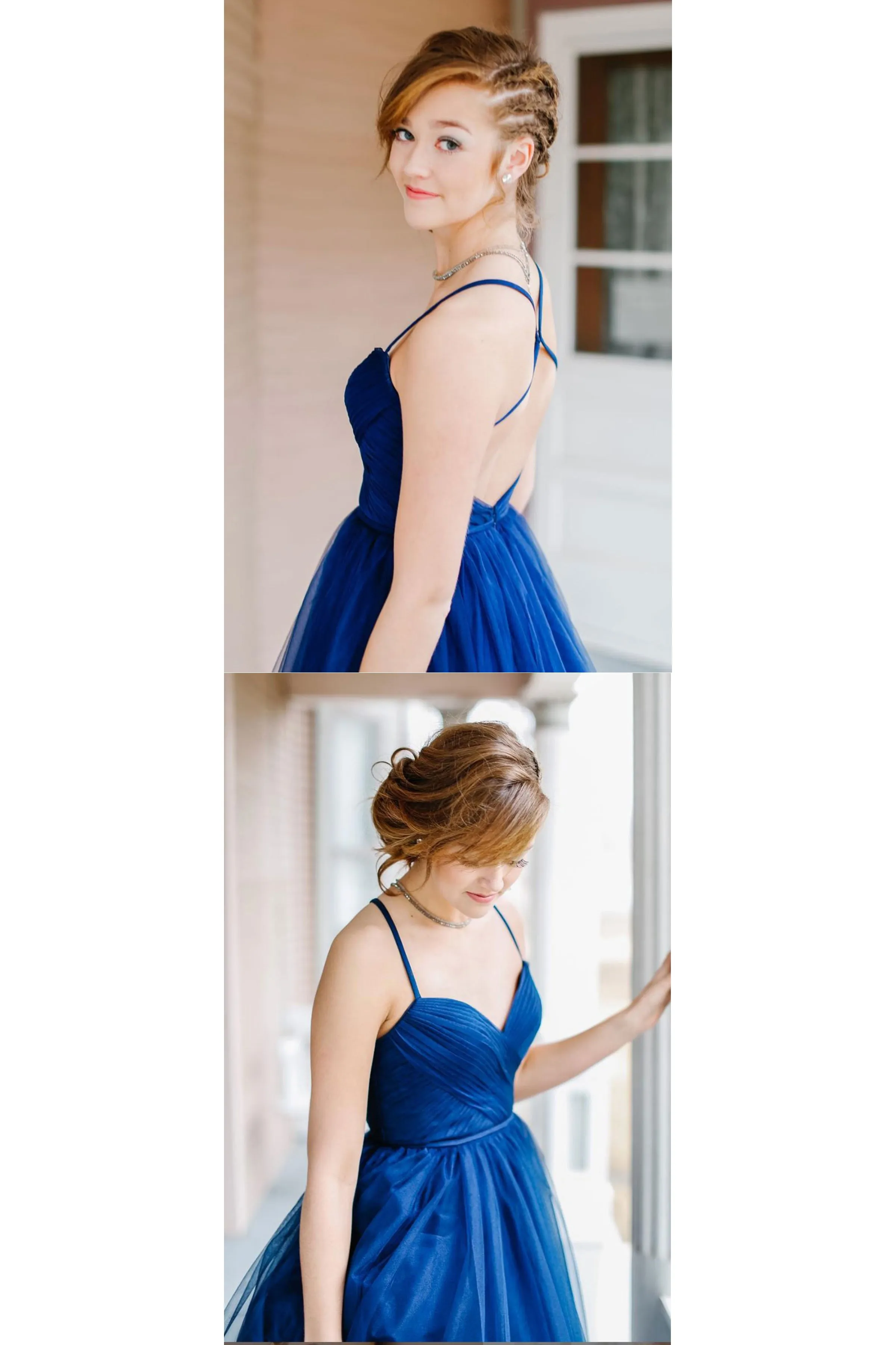 Elegant Blue Tulle A Line Sweetheart Open Back Long Prom Dress Evening Dress OHC409