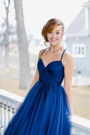 Elegant Blue Tulle A Line Sweetheart Open Back Long Prom Dress Evening Dress OHC409