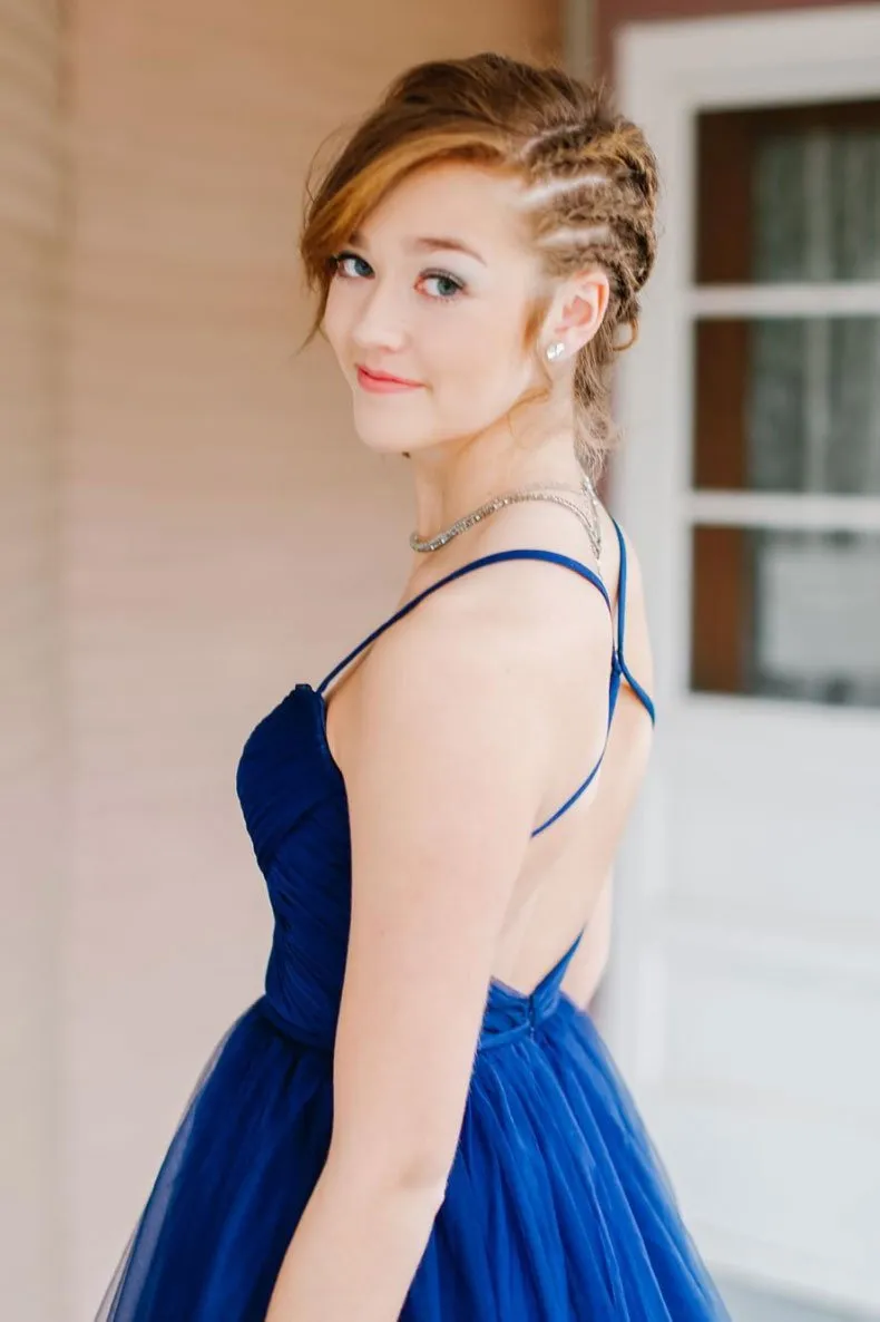 Elegant Blue Tulle A Line Sweetheart Open Back Long Prom Dress Evening Dress OHC409