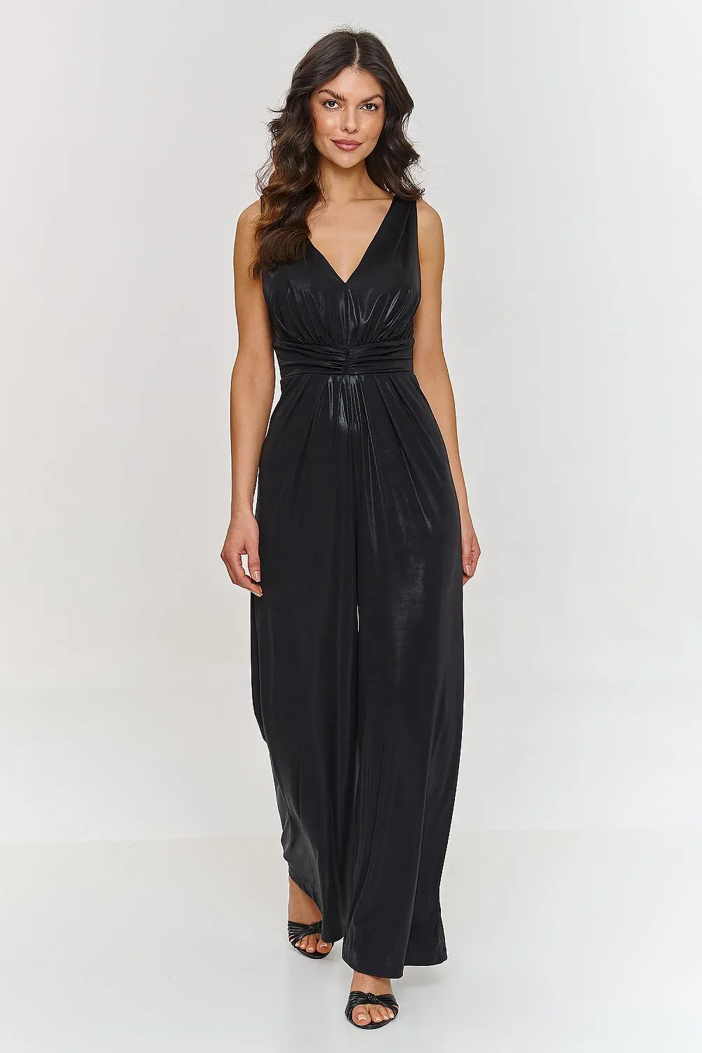 Elegant deep V-neck metallic jumpsuit