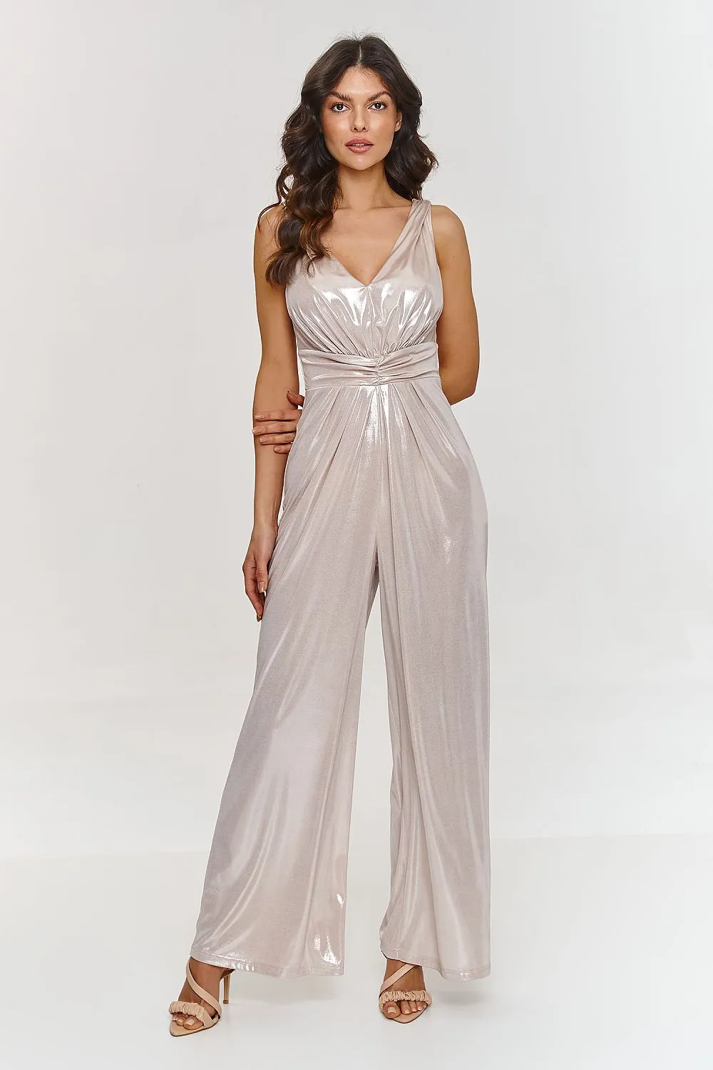 Elegant deep V-neck metallic jumpsuit