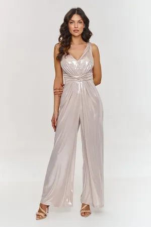 Elegant deep V-neck metallic jumpsuit