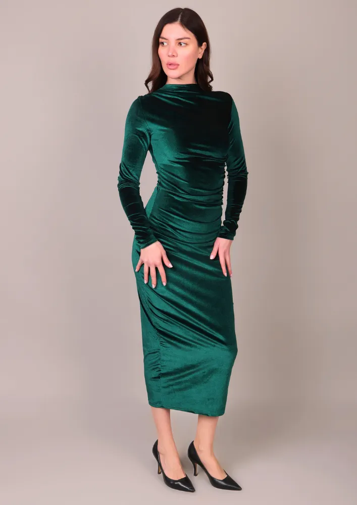 Elegant Green Velvet Midi Bodycon Dress