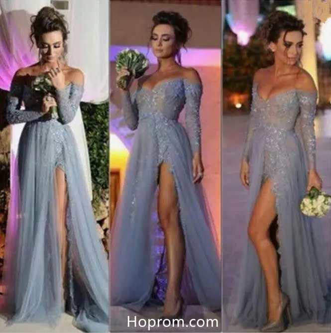 Elegant Grey Beaded Prom Dresses with Side Slit