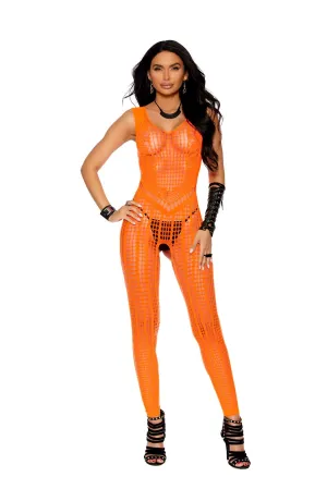 Elegant Moments Crochet Footless Bodystocking with Open Crotch – Orange, One Size