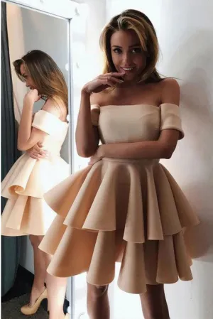 Elegant Off Shoulder Tiered Semi Formal Homecoming Dress OHM042