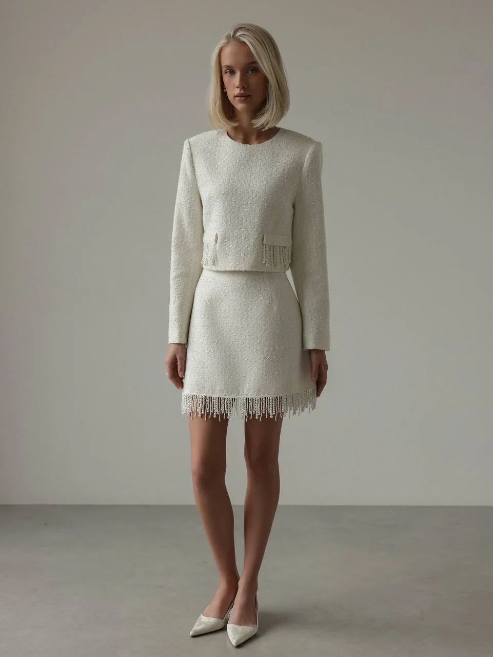 Elegant Pearl Fringe Tweed Set