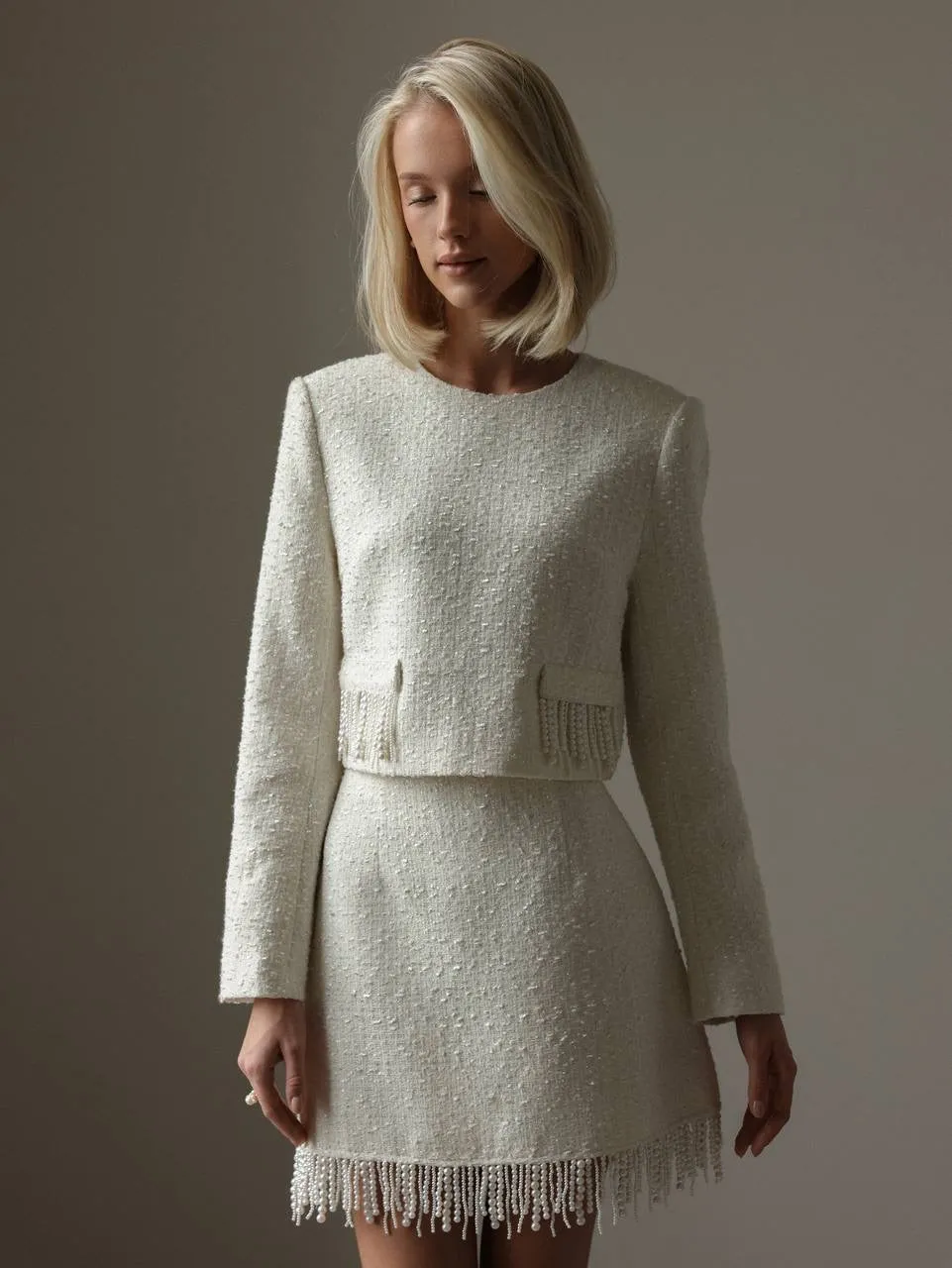 Elegant Pearl Fringe Tweed Set