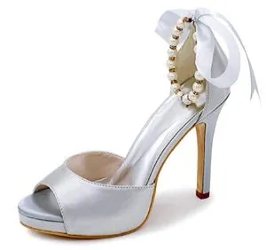 Elegant Satin Open Toe Pumps with Pearl Beads Ankle Strap