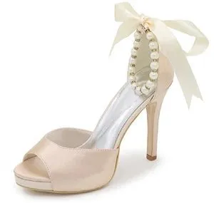 Elegant Satin Open Toe Pumps with Pearl Beads Ankle Strap