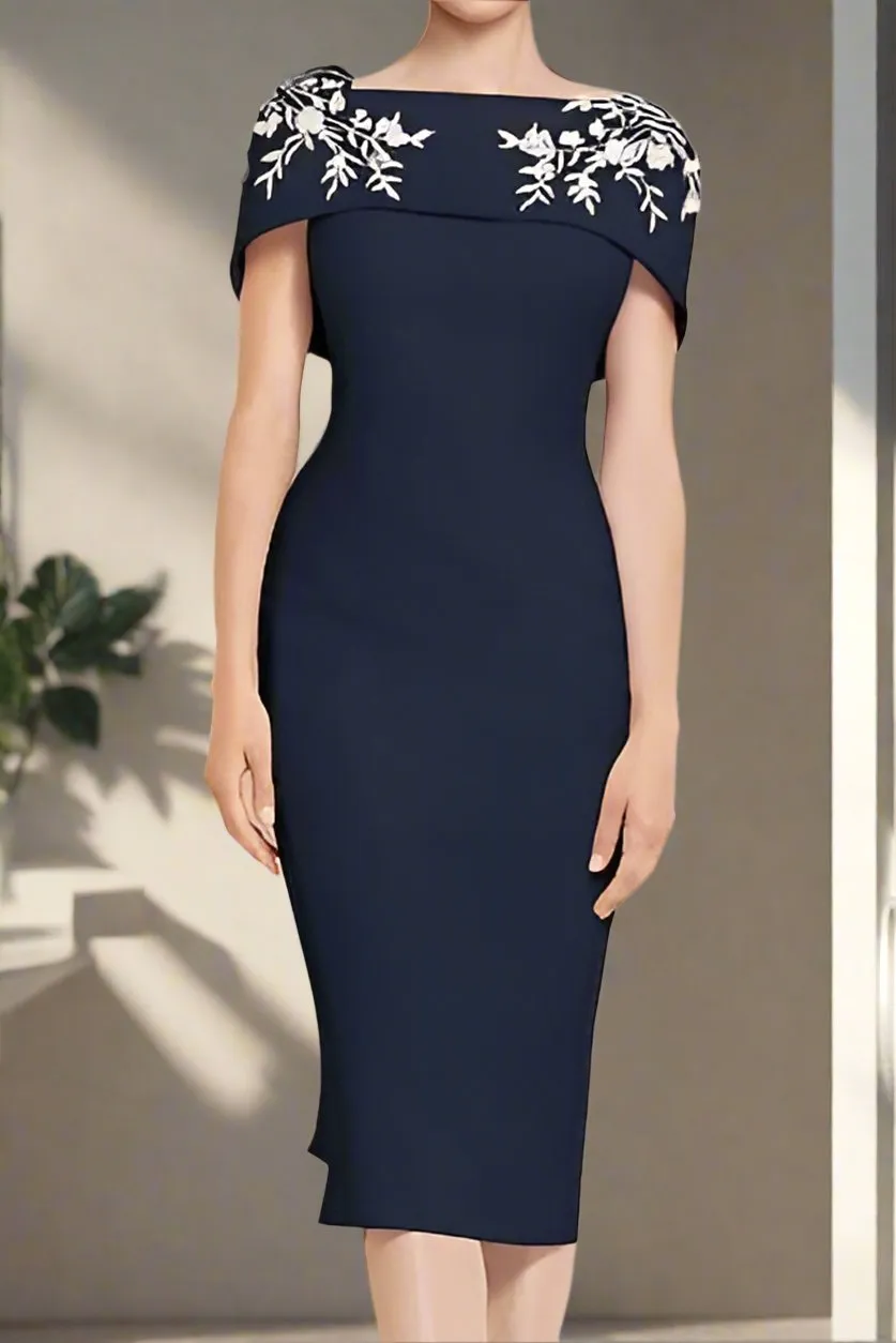 Elegant Tea Length Appliques Short Sleeve Mother of the Bride Dress
