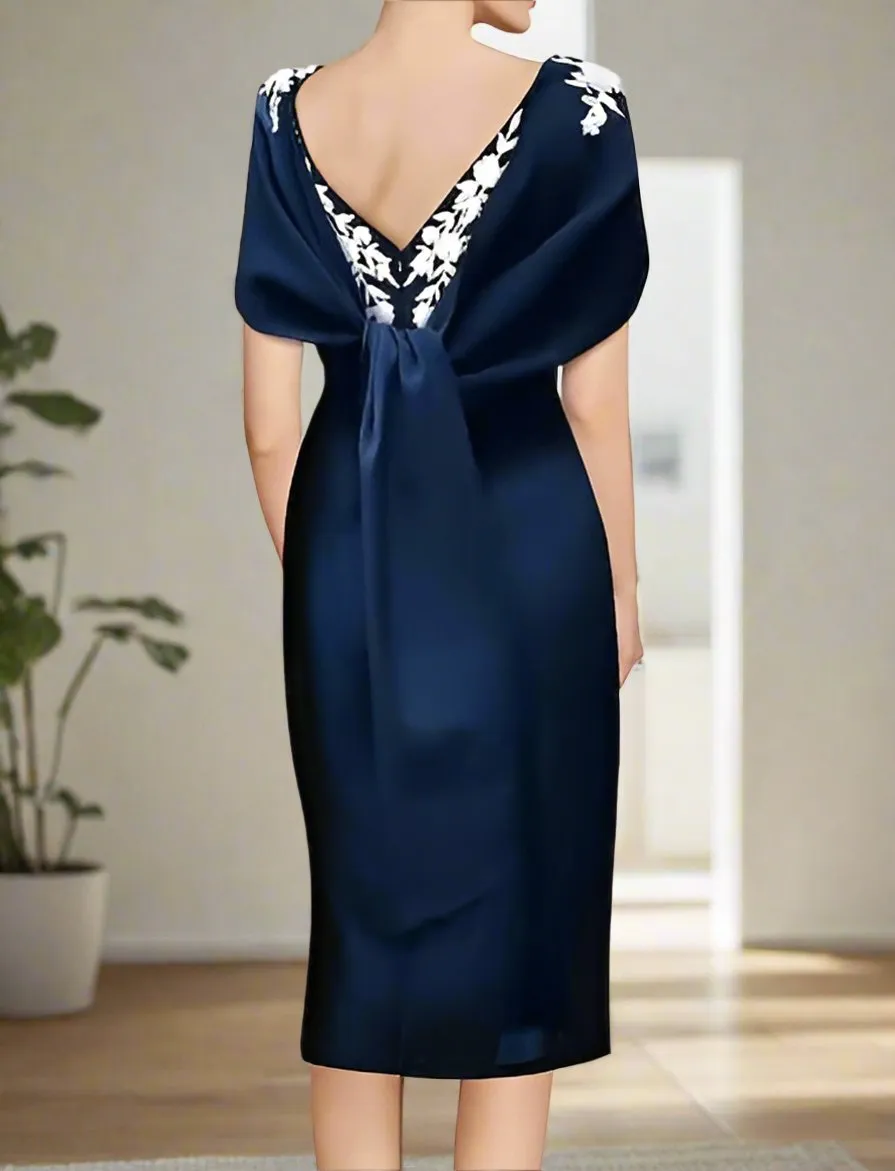Elegant Tea Length Appliques Short Sleeve Mother of the Bride Dress