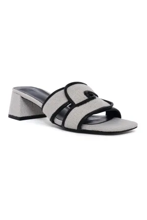 ELEGANT TEXTURED BLOCK HEEL SLIDE-BEIGE-BLACK