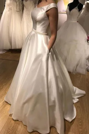 Elegant White Satin Round Neck Sleeveless Long A Line Prom Dress Formal Dress OHC388