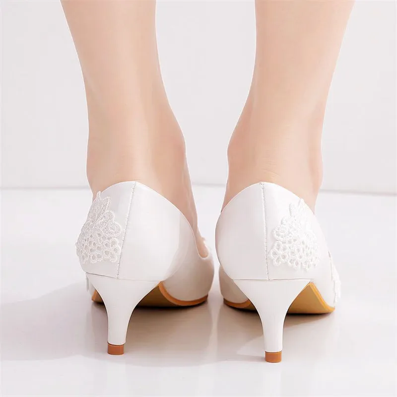 Elegant Womens White Lace Floral Mid Heels Wedding Pumps
