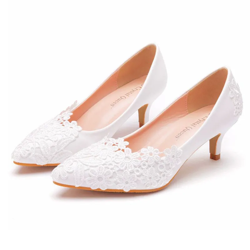Elegant Womens White Lace Floral Mid Heels Wedding Pumps