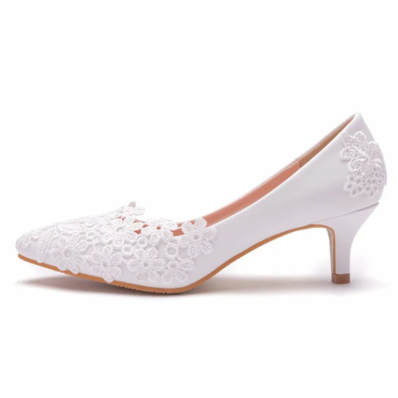Elegant Womens White Lace Floral Mid Heels Wedding Pumps