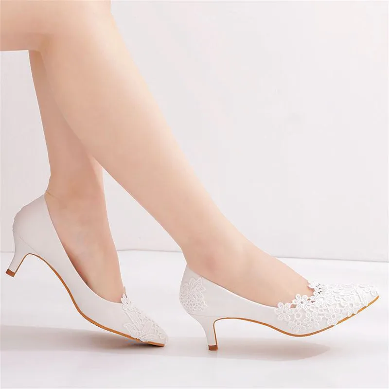 Elegant Womens White Lace Floral Mid Heels Wedding Pumps
