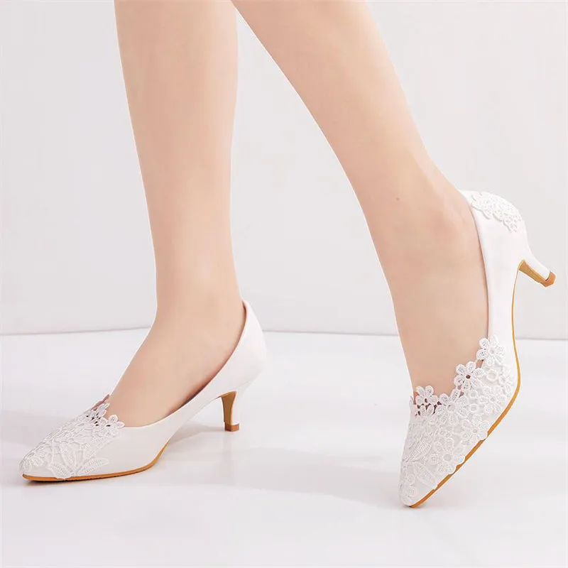 Elegant Womens White Lace Floral Mid Heels Wedding Pumps