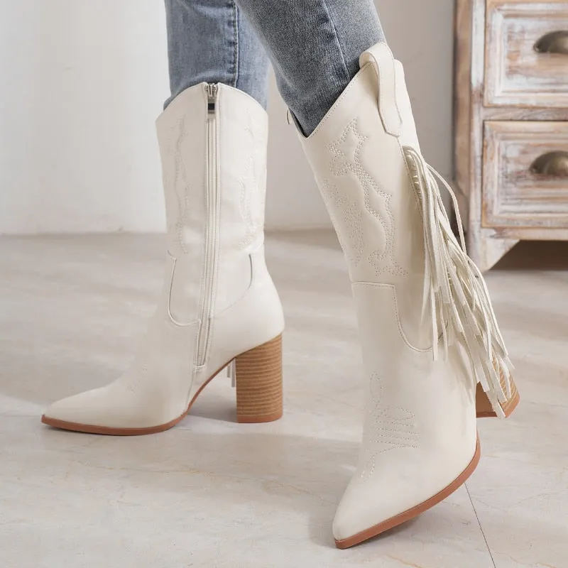 Envy Cowboy Tassle Embroidery Block Heel Ankle Boot