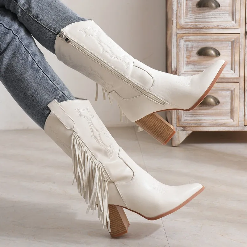 Envy Cowboy Tassle Embroidery Block Heel Ankle Boot