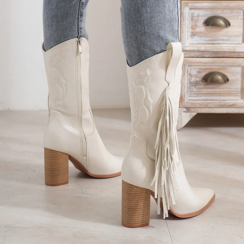 Envy Cowboy Tassle Embroidery Block Heel Ankle Boot