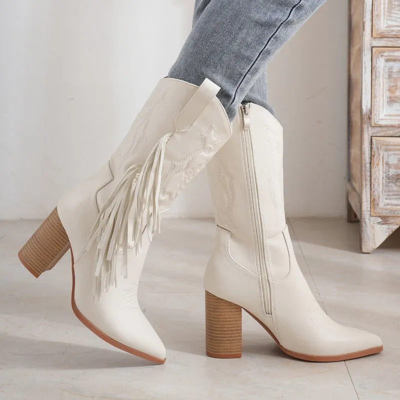 Envy Cowboy Tassle Embroidery Block Heel Ankle Boot