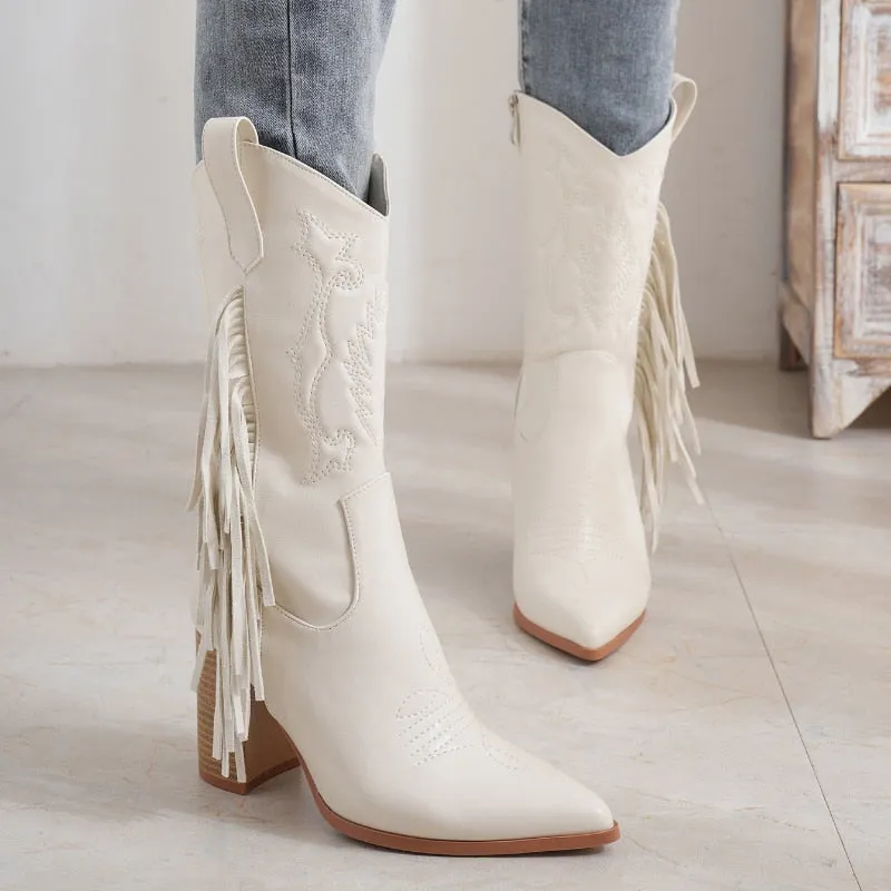 Envy Cowboy Tassle Embroidery Block Heel Ankle Boot