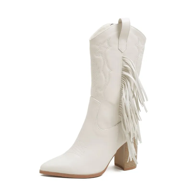 Envy Cowboy Tassle Embroidery Block Heel Ankle Boot