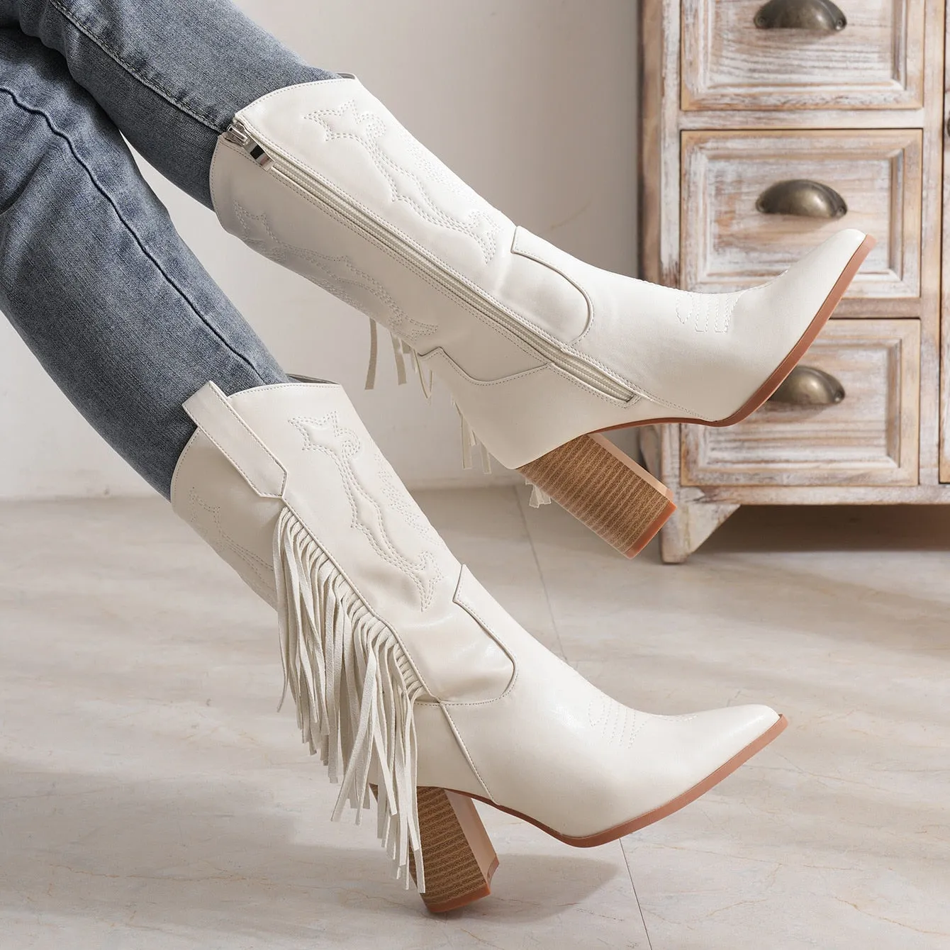 Envy Cowboy Tassle Embroidery Block Heel Ankle Boot