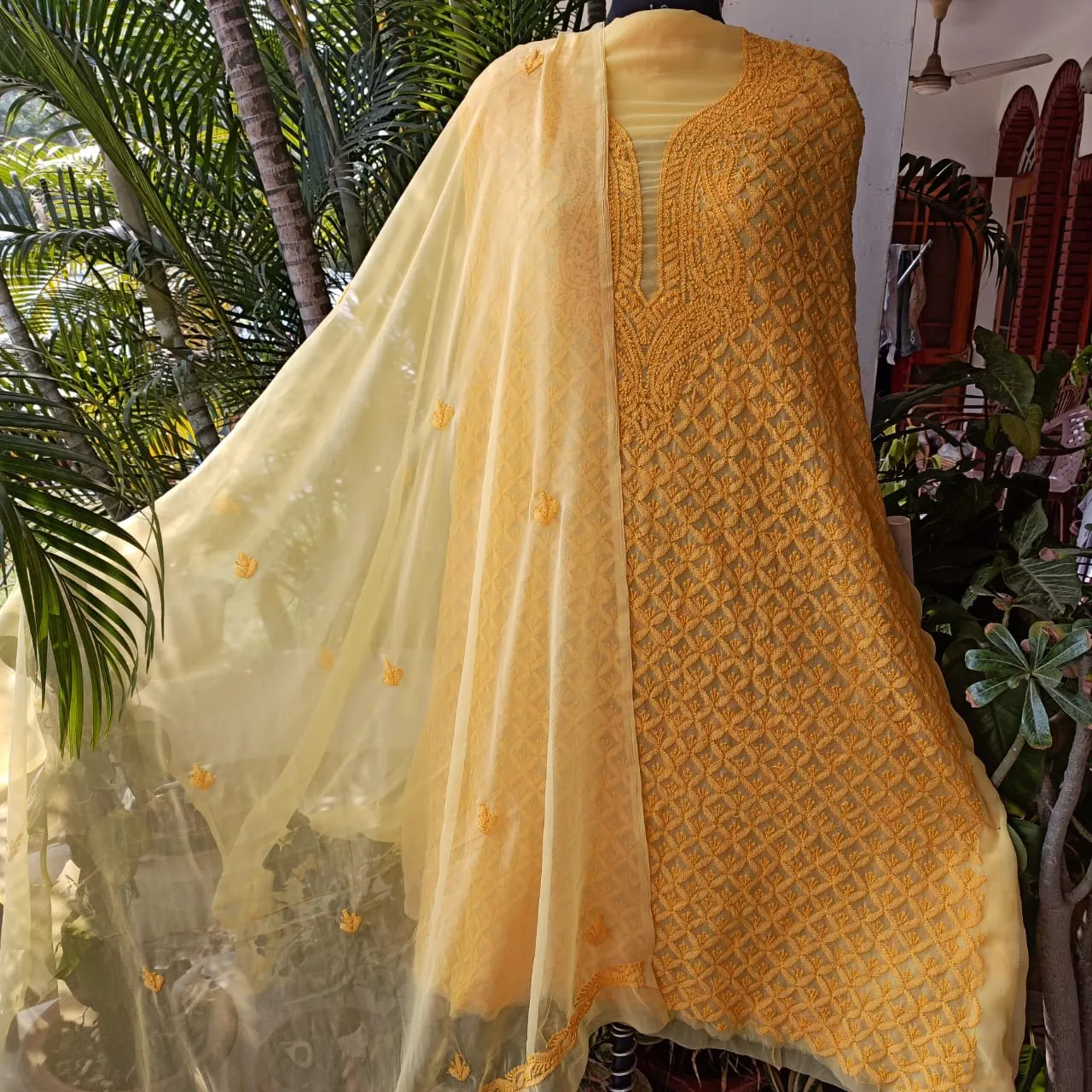 Fancy Haldi Yellow unique Georgette Chikankari Salwar Suit Set unstitched online