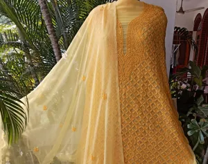 Fancy Haldi Yellow unique Georgette Chikankari Salwar Suit Set unstitched online